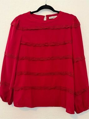 Grace Karin Red Lace-Trim Long Sleeve Top